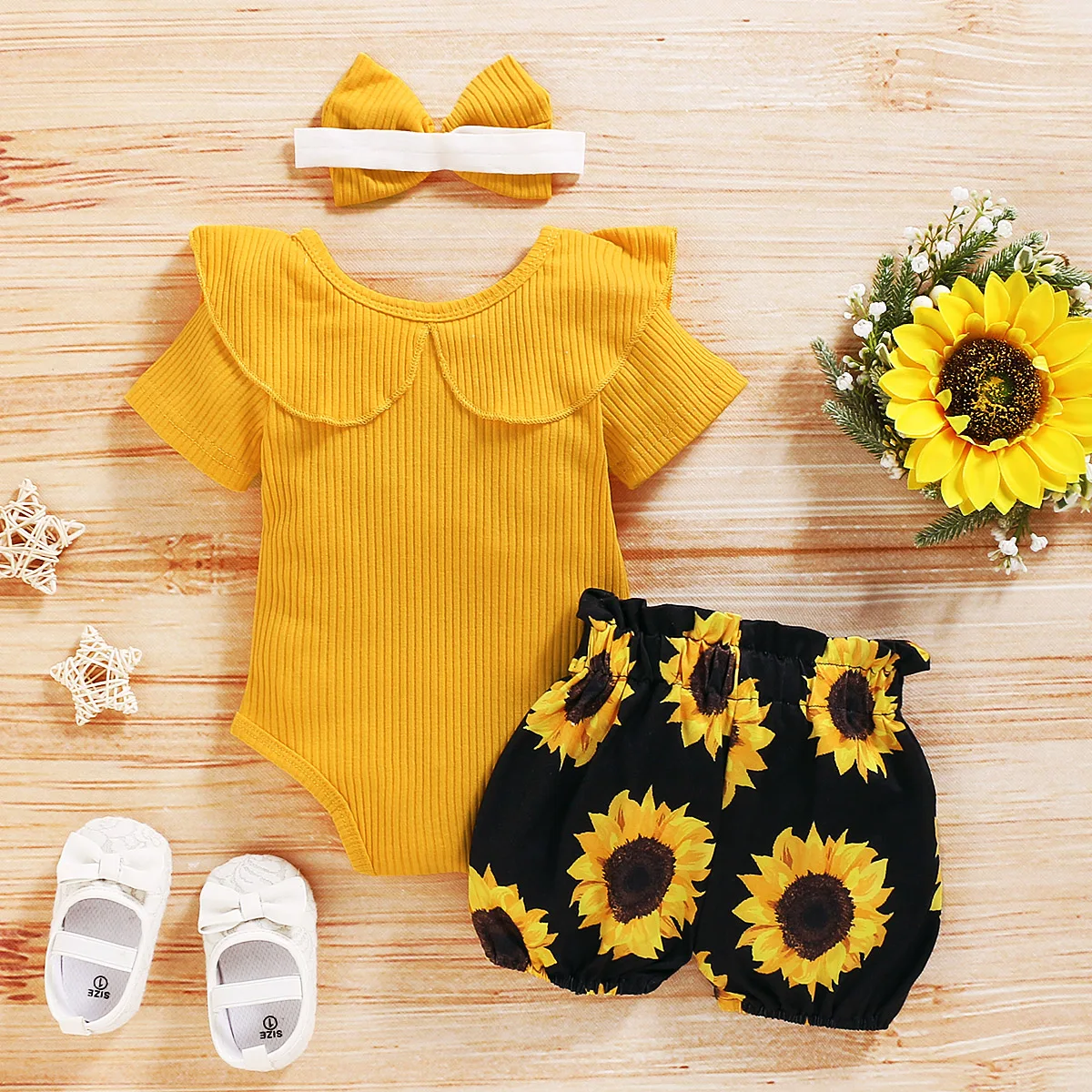 2020 Baby Summer Clothing Newborn Baby Girl Floral Clothes Short Sleeve Romper Jumpsuit+Sunflower Tutu Shorts 3Pcs Outfits Set