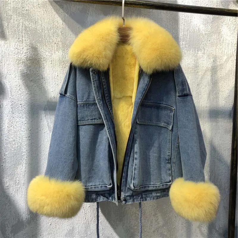 

2020 short real fur coat whole skin rex rabbit fur liner Detachable fox fur collar winter warm jacket loose Korean denim parka