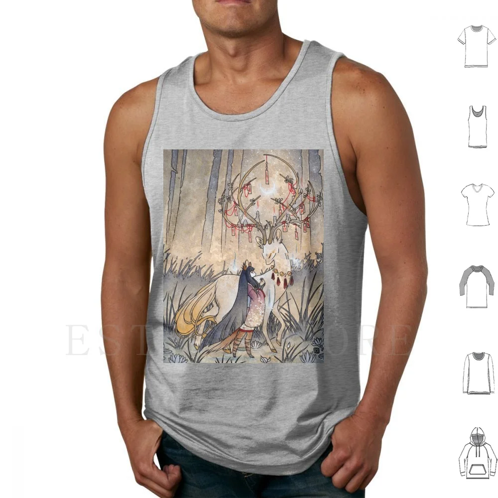 

The Wish-Fox Yokai Tank Tops Vest Tea Fox Illustrations Fox Deer Kirin Antlers Occult Yokai