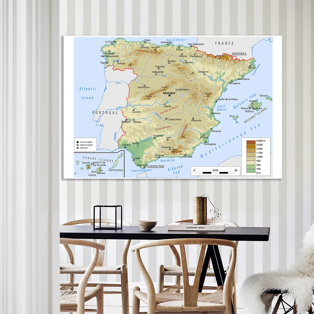 225*150 cm o mapa topográfico de espanha com cidades importantes não-tecido lona pintura cartaz parede casa decoração material escolar