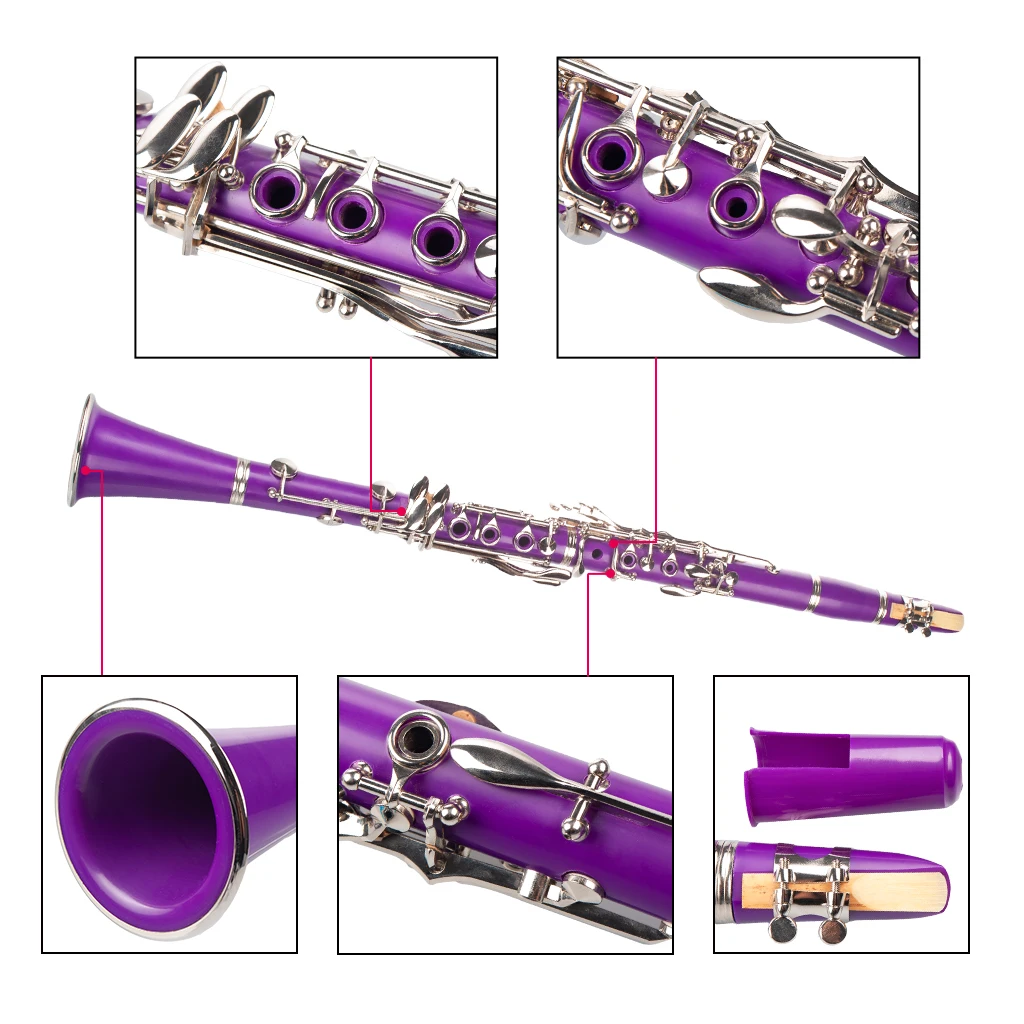 Purple ABS Clarinet Bb Cupronickel Plated Nickel 17 Key with Cleaning Cloth Gloves Screwdriver Woodwind Instrument