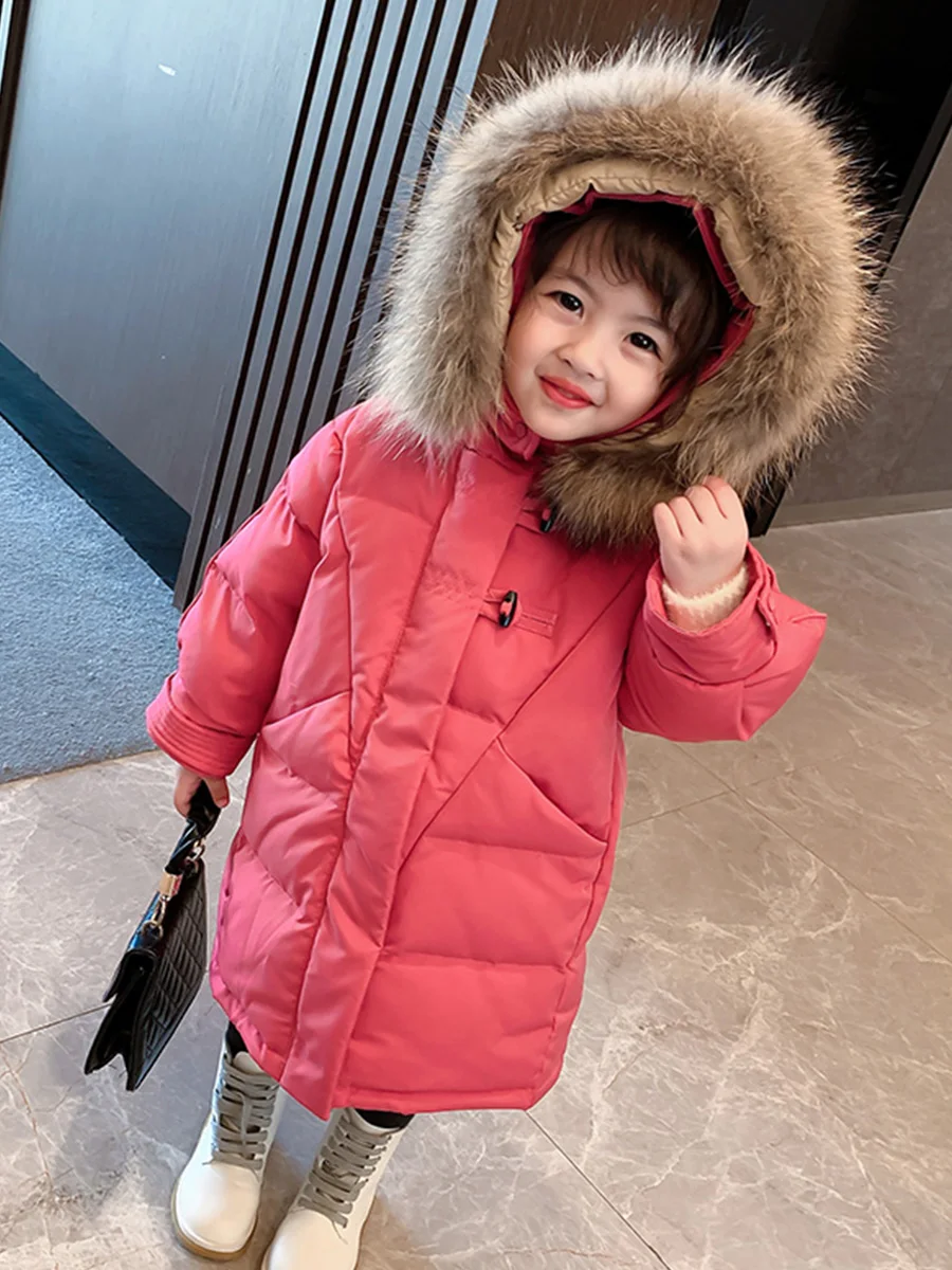 Girls Mid Long Down Coat 2021 New Korean Version Solid Hooded White Duck Down Outerwear Fashion Fur Collar Zipper Winter Coat