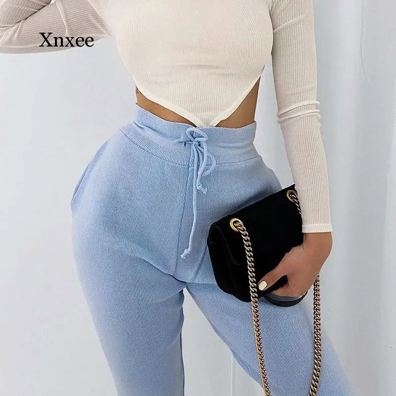 Spring Elastic High Waist Knitted Sweatpants Sexy Casual Long Pants Women Yoga Leggings Slim Fall Winter Solid Ladies Trousers