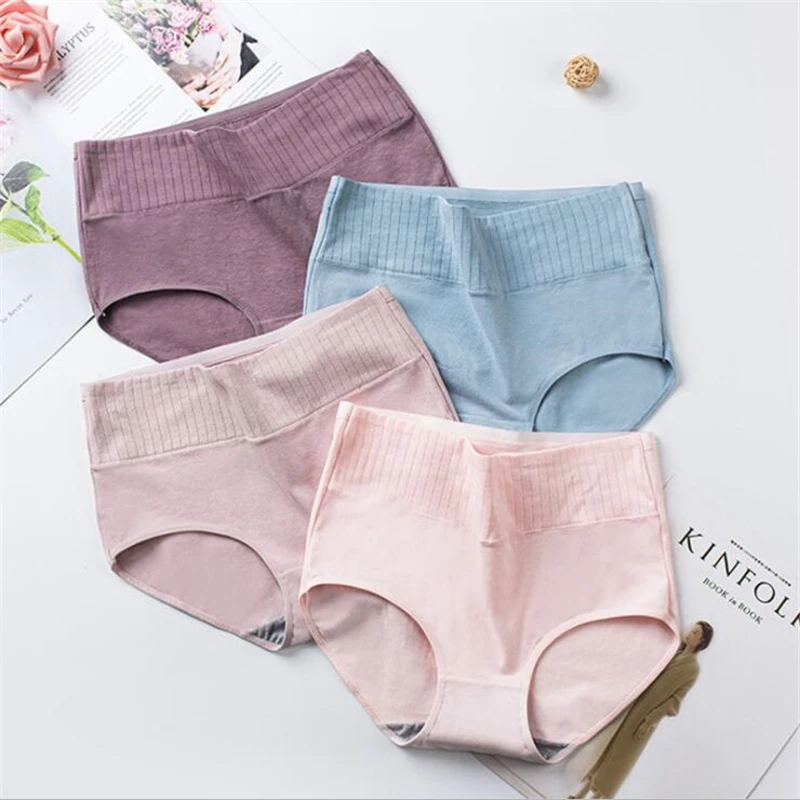 3 Pcs Cotton Women's Underwear Panties Solid High Waist Briefs Breathable Underpants Seamless Soft Plus Size Women Lingerie