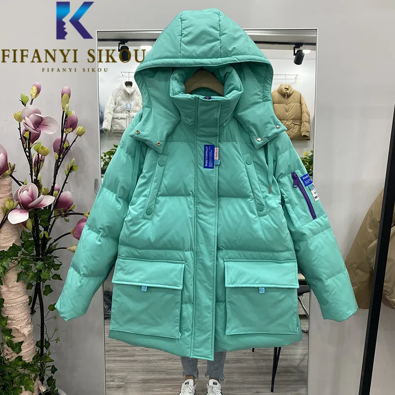 

Parkas Women Hooded Down Jackets Big Pocket Fashion Zipper Loose Thick Warm Cotton Coat Female High Quality Casual Winter Jacket