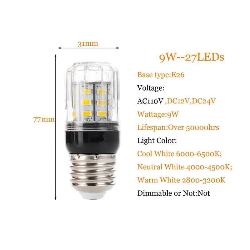 Led bulb E27 E14 E12 E26 5730 SMD 110V 220V DC 12V 24V 27LEDs 7W Led Candle Bulb Corn Lamp Chandelier Energy Saving Light Lamps