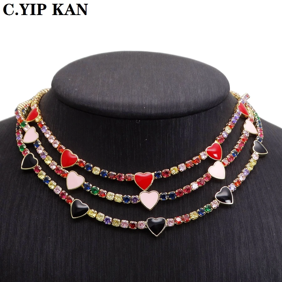 Copper inlaid artificial Colour crystal necklace gold plated interval love spray paint beadAdjustable length choker Lady Jewelry