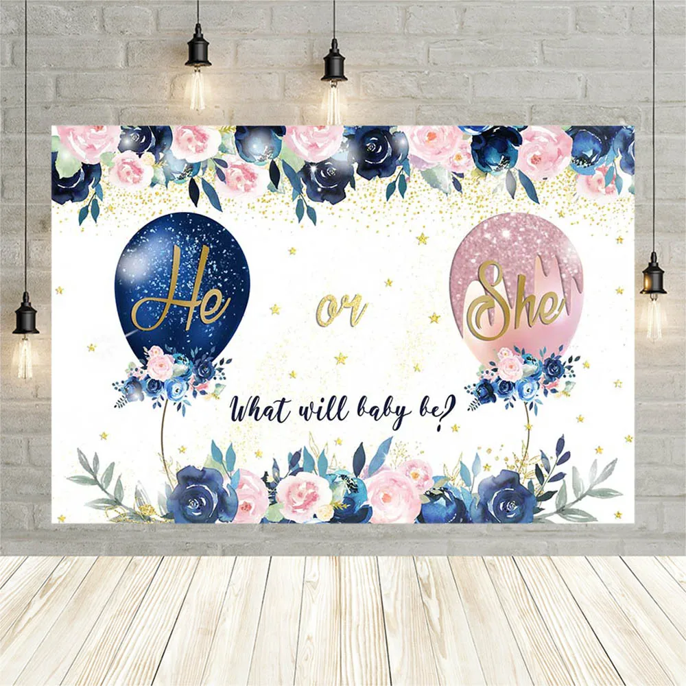 

Avezano He Or She Gender Reveal Party Background For Photography Pink Blue Flower Balloon Gold Star Backdrop Photo Studio Banner