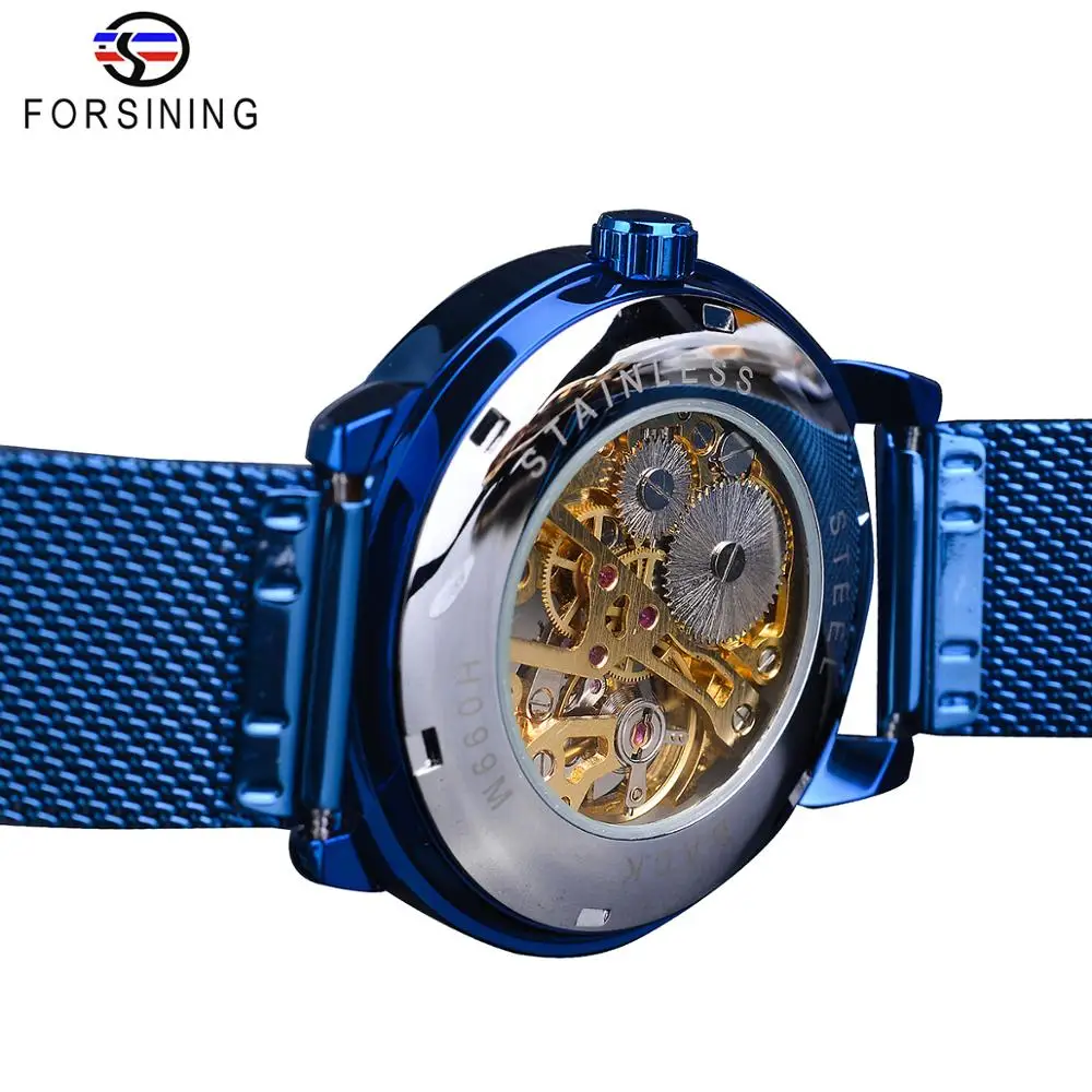 Forsining 3D Skeleton Royal Retro Design Blue Steel Mesh Band Golden Movement Men Mechanical Male Wrist Watches Top Brand Luxury