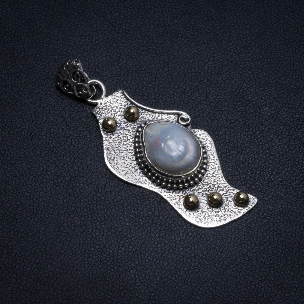 

Natural Two Tones River Pearl Handmade Unique 925 Sterling Silver Pendant 2" T0568