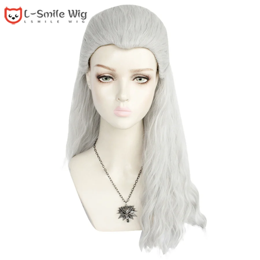 Geralt of Rivia Cosplay Wig White Slivery Straight Synthetic Hair Wigs for Men Party Novel Game Costume Halloween + Wig Cap