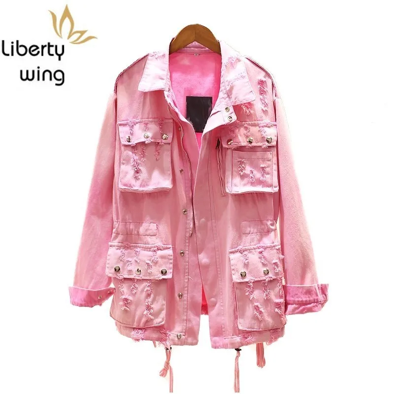 

Sweet Pink Girl Autumn Denim Coat Female Big Pockets New Top Zip Loose Fit Casual Womens Jeans Jacket Ripped Chaqueta Mujer