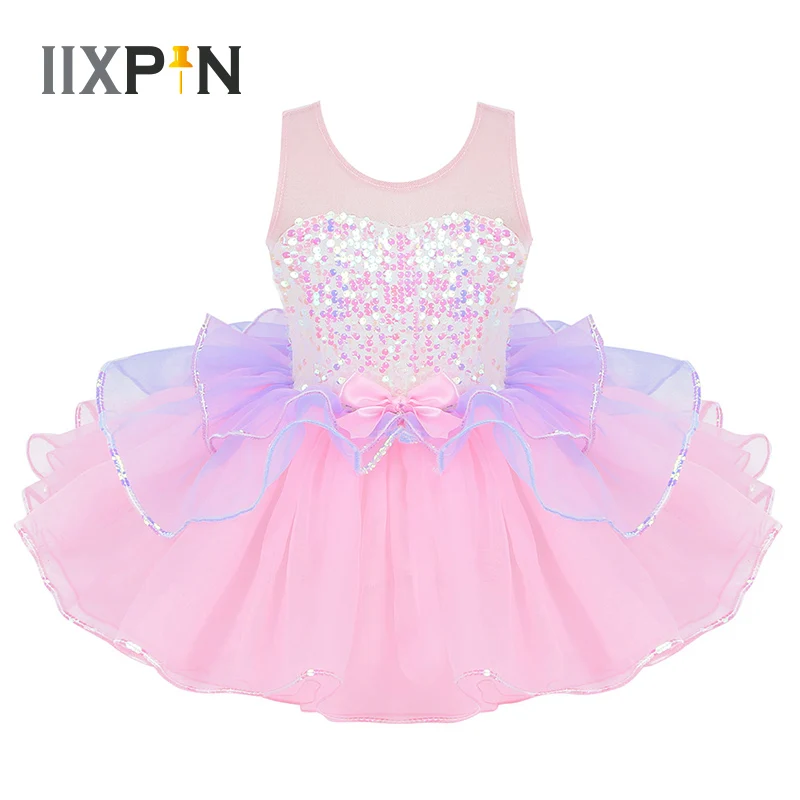 

Tutu Ballet Dress for Girls ballerina tulle costume Shiny Sequins Mesh Splice Bowknot on Waist ballerina dress kids dancewear