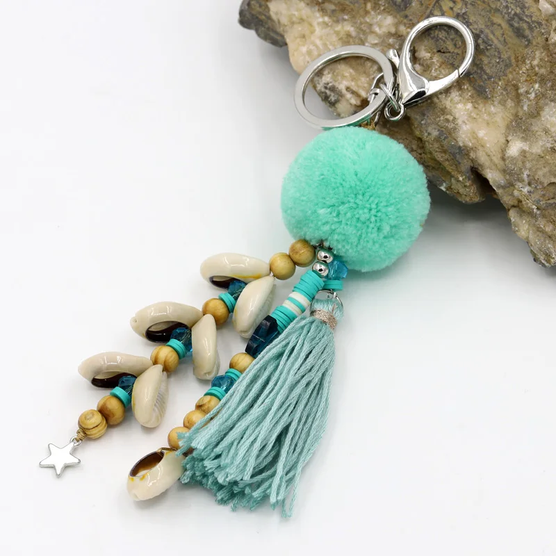 Mode Schmuck Keychain Frauen Tasche Dekoration Zubehör Böhmischen Auto Anhänger Shell Quaste Pompom Perlen Schlüssel ketten – Detail 1