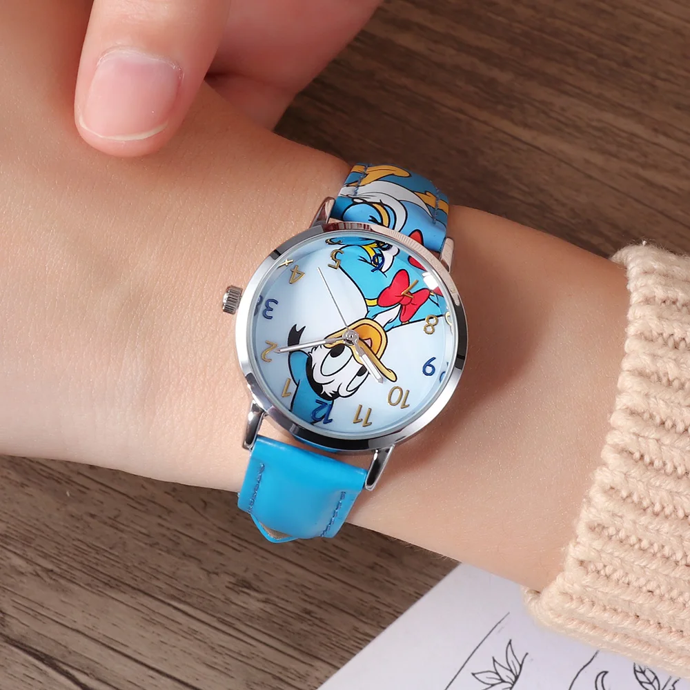 Disney Original Children Donald Duck Cartoon Quartz Wristwatch Graffiti PU Strap Toy Story Buzz Woddy Alien Boy Girl Student Kid