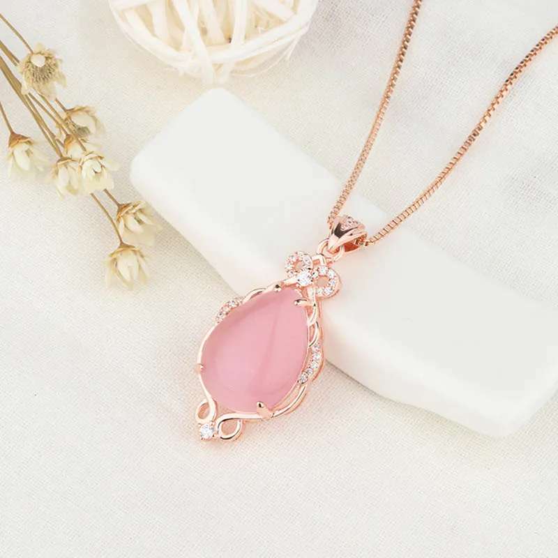 Jellystory Trendy Silver 925 Jewelry Necklace with Water drop shape Pink rose quartz zircon gemstones Pendant for Women Wedding