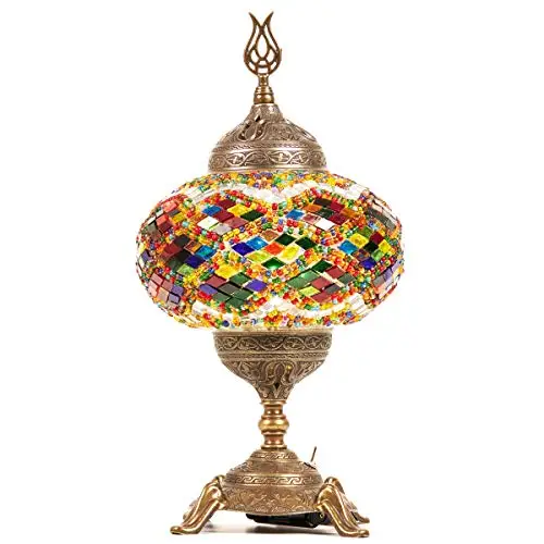 New LaModaHome Stunning Handmade Turkish Moroccan Mosaic Glass Table Desk Bedside Lamp Light with Bronze Base (Multi-colored)