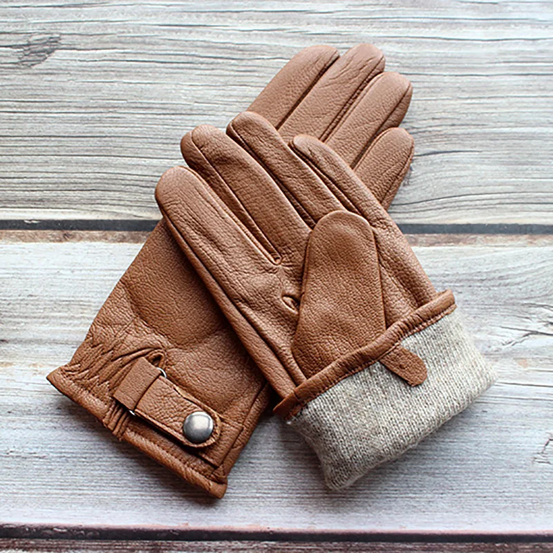 Goatskin Leather Gloves Men\'s Deerskin Pattern Outdoor Motorcycle Riding Windproof Cold Autumn and Winter Thick Warm Gloves