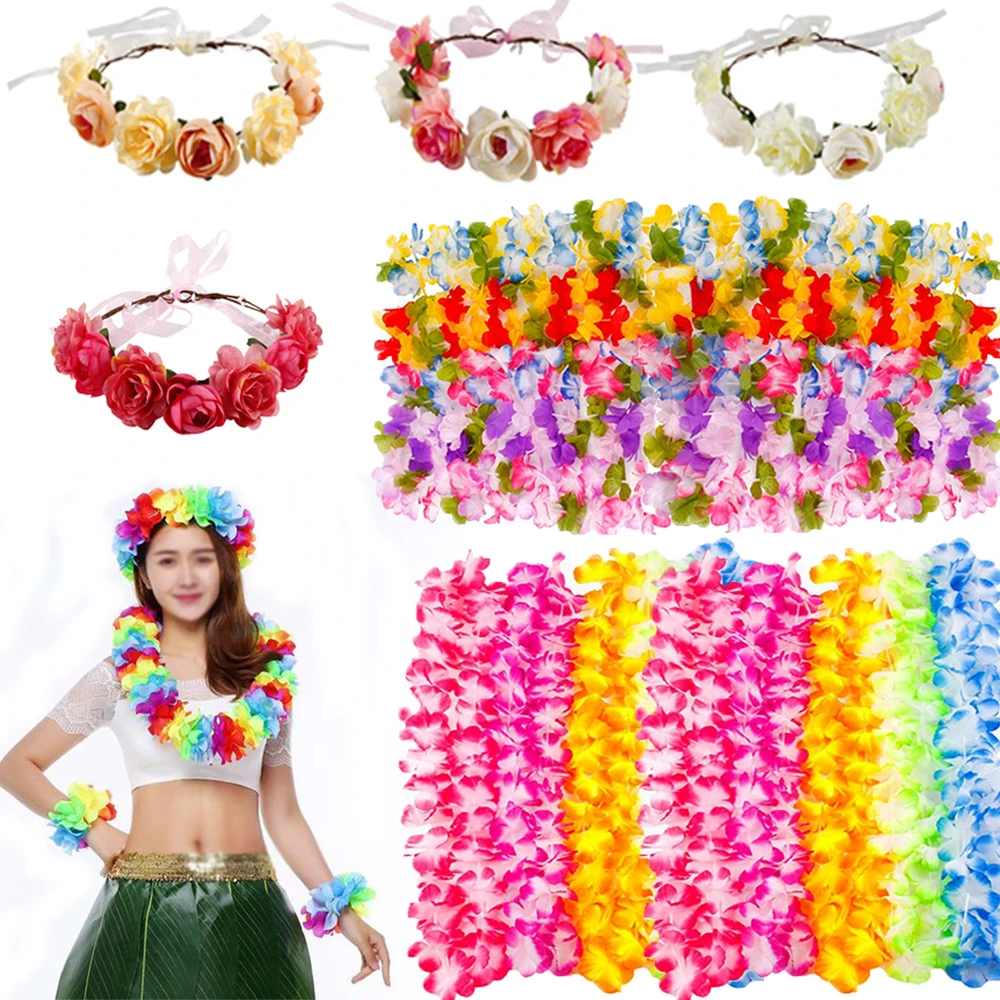 Artificial Flowers Garland Hawaiian Party Decorations Necklace Aloha Hawaii Beach Luau Summer Tropical Wedding  Birthday Decor