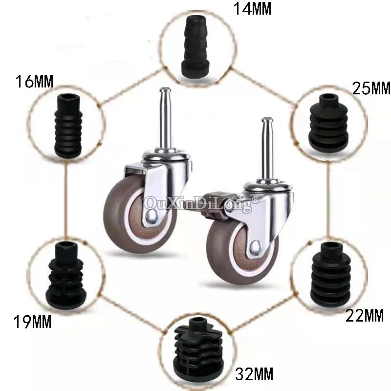 4PCS 1.5Inch Furniture Casters Load 66KG M8*38mm Wheels for Round Tube Mount With Brake Baby Bed Household With Socket GF696
