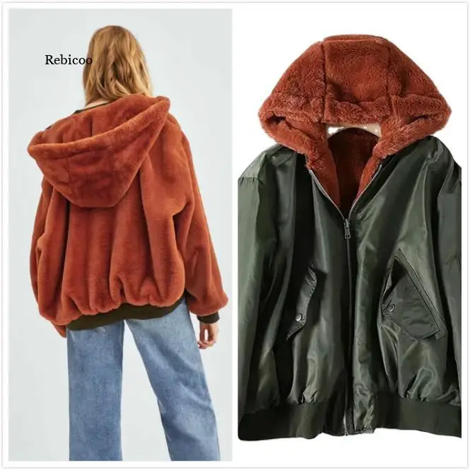 Winter Reversible Hooded Jacket Faux Fur Fleece For Winter Womens Tops Bomber Jackets Coats Black Outwear With Long Sleeve