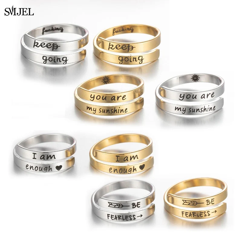 Engrave Letter Stainless Steel Rings for Women Cross I Am Enough Faith Rings Wedding Fashion Adjustable Rings Birthday Best Gift