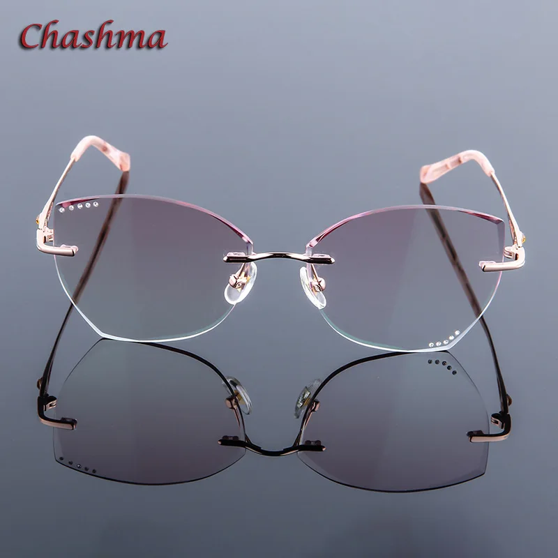 Cat Eye Glass Colored Lenses Fashion Frame Women Optical Rimless Titanium Spectacles Female with Stones