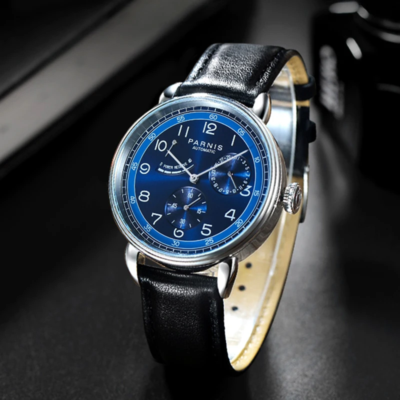 PARNIS Men Automatic Watch 42mm Mechanical Wristwatch Waterproof Sapphire Mirror Power Reserve Dial Small Second Dial
