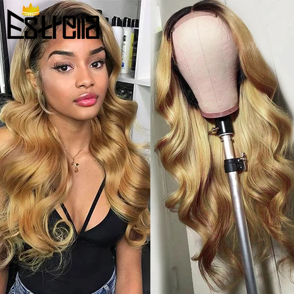 

Ombre Honey Blonde Body Wave Wigs 1B 27 Pre Plucked Brazilian 4x4 Lace Closure Glueless Human Hair Wigs For Women Human Hair