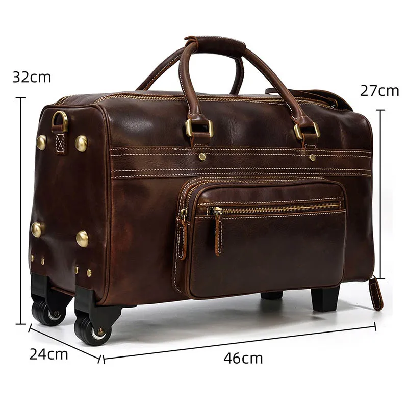 Men's large genuine leather travel wheeled duffel Cowhide trolley case 20