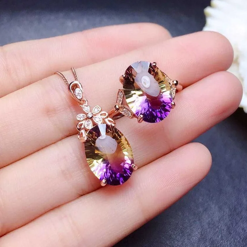 Oval Simulated Amethyst Gradients Color Stone Pendant Necklace Rings Sets for Women Luxury Crystal Chain Wedding Jewelry Sets