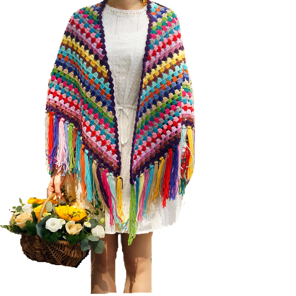 

Chromatic colour Handmade Crochet Tassel Scarf wraps women Big flower autumn winter scarves poncho Christmas Gift blanket Scarf