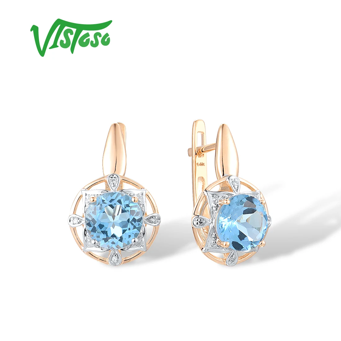 

VISTOSO Genuine 14K 585 Rose Gold Earrings For Women Sparkling Blue Topaz Diamond Classic Earrings Engagement Gift Fine Jewelry