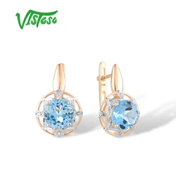 VISTOSO Genuine 14K 585 Rose Gold Earrings For Women Sparkling Blue Topaz Diamond Classic Earrings Engagement Gift Fine Jewelry