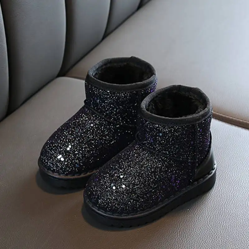 Children's Sequin Snow Boots Baby Girls Soft Princess Boots Thickened Plush Boots New Winter Warm Flat Kids Sport Shoes D984