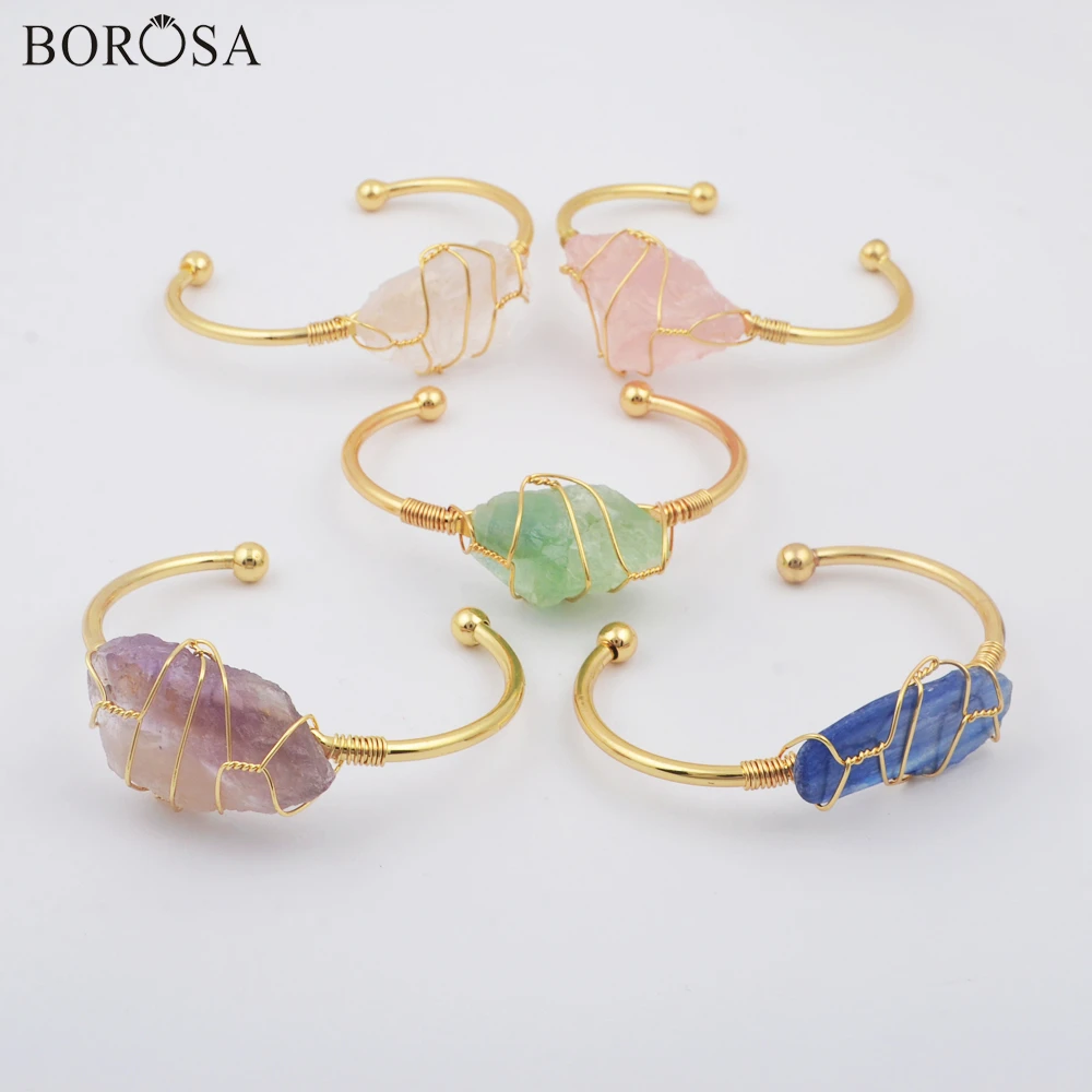 

BOROSA Natural Wrap Irregular Stone Bangles Gemstone Bracelets for Women Rough Crystal Green Fluorite Quartz Jewelery