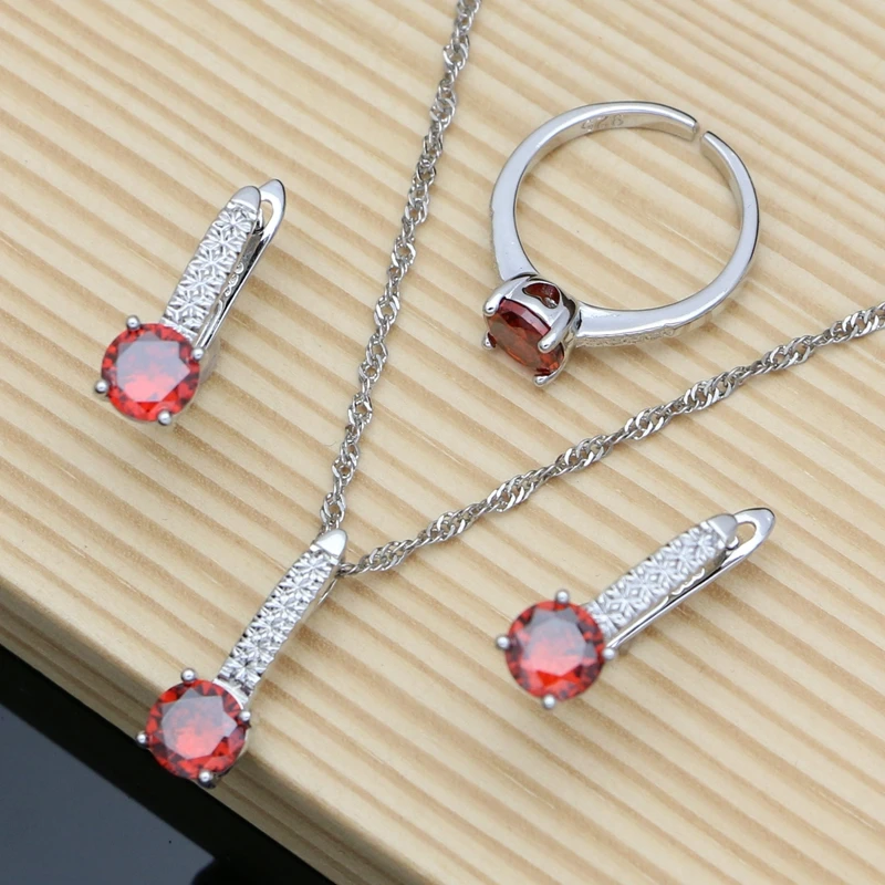 Women Bride Silver 925 Jewelry Sets Natural Red Garnet Hoop Earrings Bracelet Resizable Ring Birthstone Necklace Sets