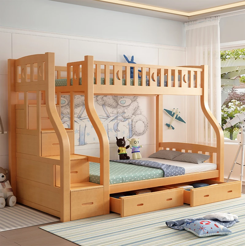 Beech upper and lower bed, white double bed, multi-functional children's bed