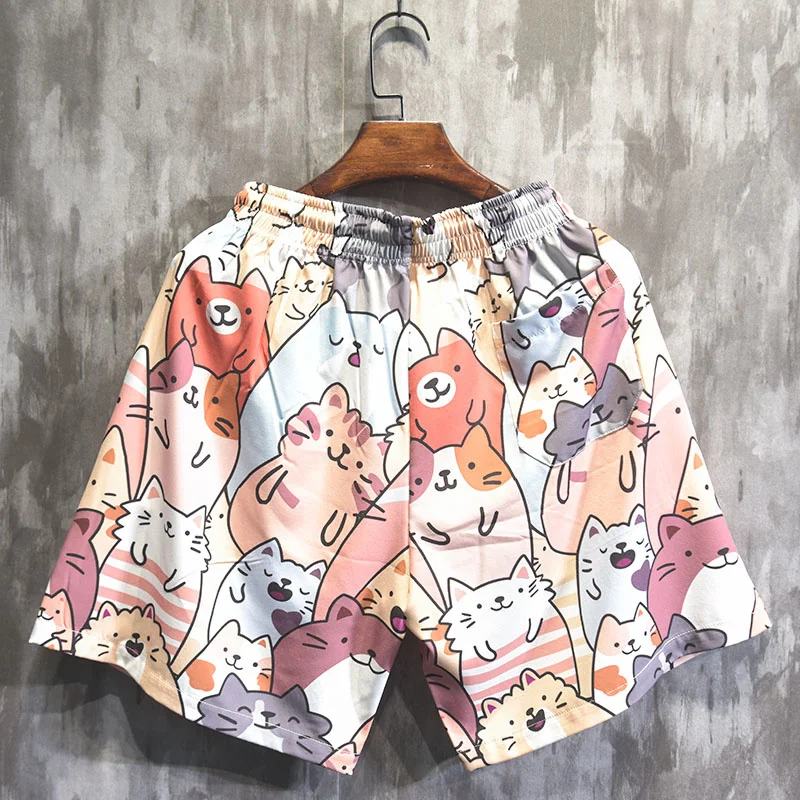 

Casual Mens Shorts Cartoon Print Hawaii Holiday Beach Shorts Drawstring Loose Fit Straight Harajuku Knee Length Trousers Male
