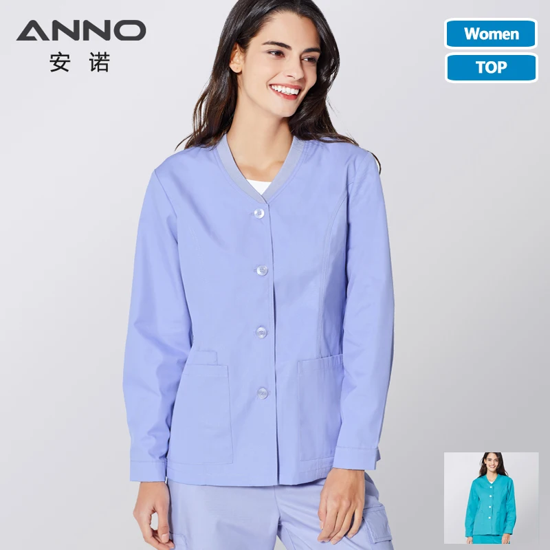 ANNO Long Sleeves Scrubs Jacket Outfit Nurse Unifrom Out Coat Doctor Shirt Out Wear Female Nursing Top Hospital Clothing