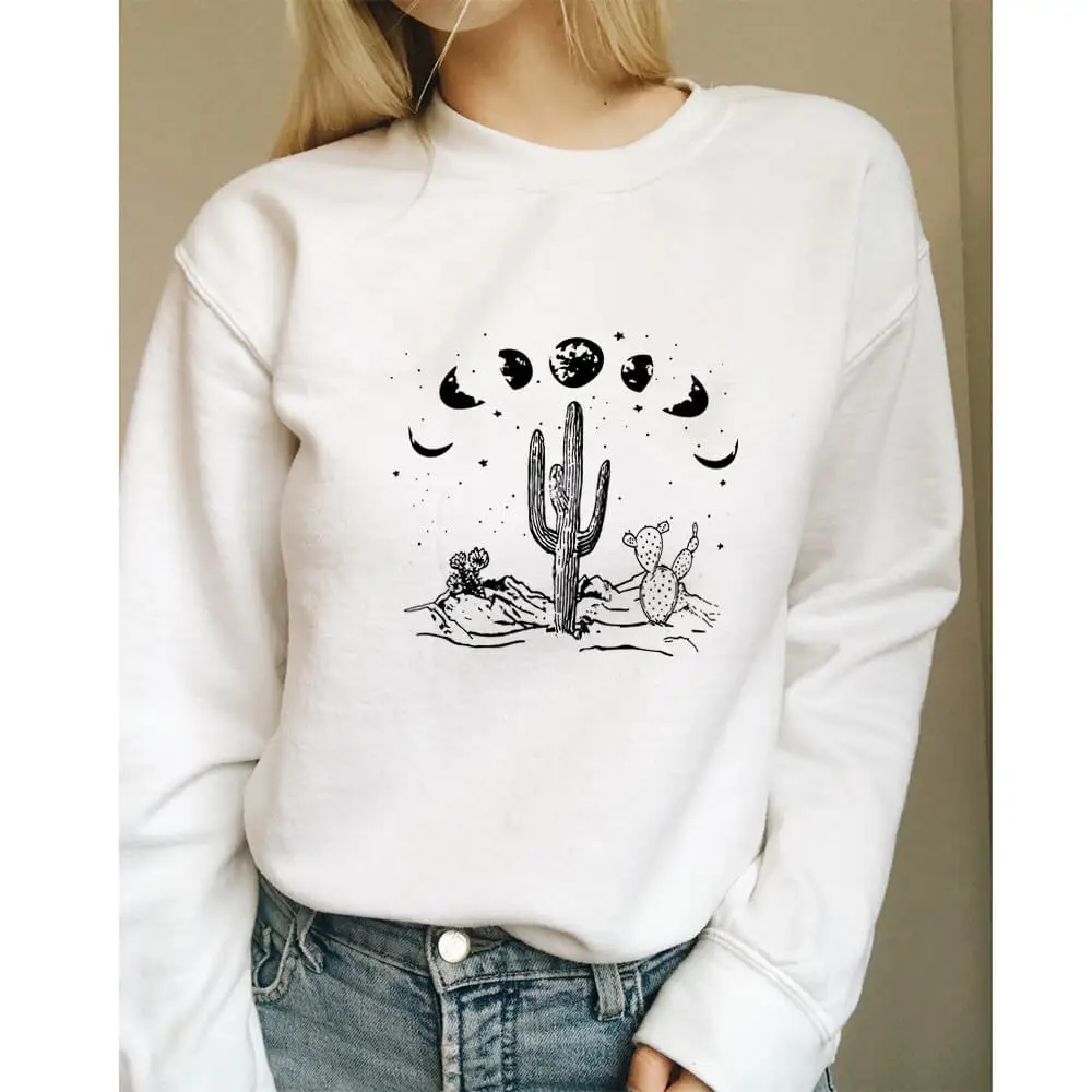 Cactus Moon Phase Desert 100%Cotton Women Sweatshirt Unisex Casual O-Neck Long Sleeve Tops Nature Sweatshirts Eco Life Top Top