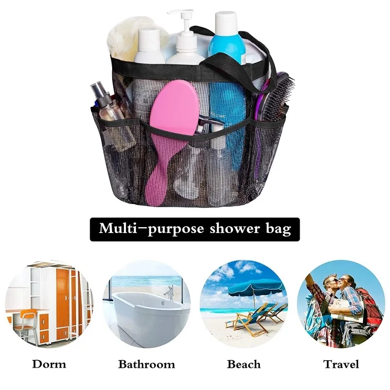 Bolsa de malla, bolsos de mano, Caddy de ducha, portátil para dormitorio universitario, bolsa de mano grande para baño, duradera con 8 bolsillos,