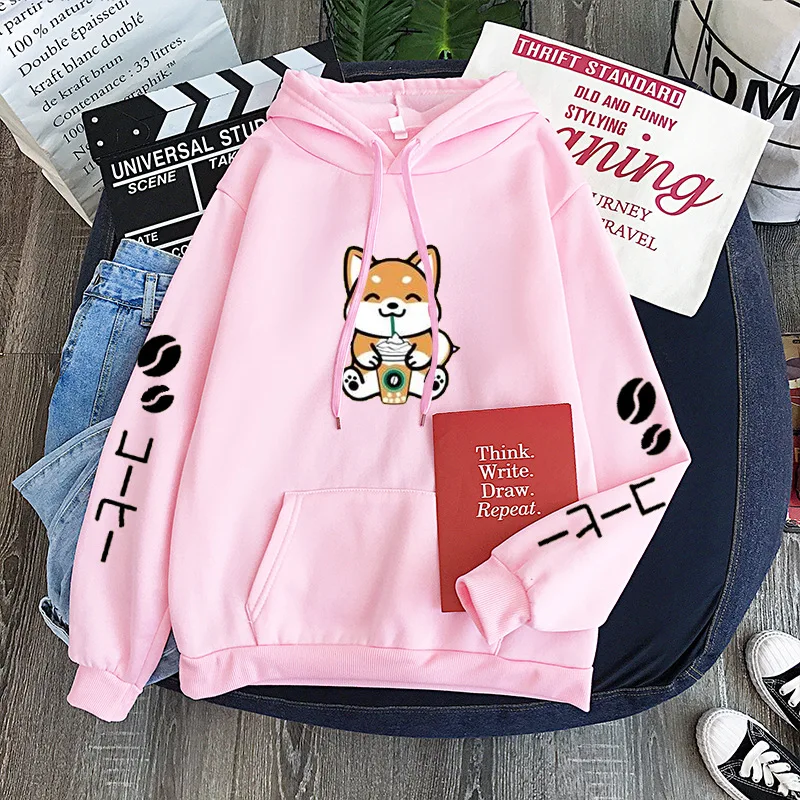 Cute Drinking  Coffee Dog Print Hoodies Shiba Inu Fleece Hooded Pullover Sweatshirts Harajuku Lady Autumn Winter Tops 4XL