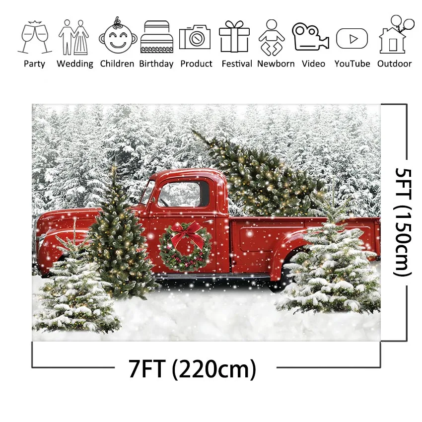 Fond de photographie de camion rouge de Noël, forêt de neige d'hiver, arbre, Let it Snow, fête saisonnière, photographie de portrait, séance photo P