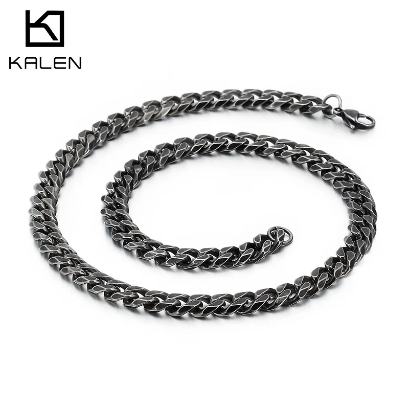 KALEN Stainless Steel 45-76cm Cuban Chain Necklace Men Women Punk Matte Brushed 9mm Chunky Chain Choker Necklace Jewelry