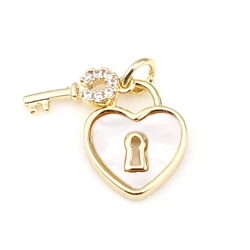 Sweet Copper Charms Gold Color Metal White Heart Key Clear Rhinestone Pendants DIY Making Necklace Jewelry 12mm x 10mm,1Piece