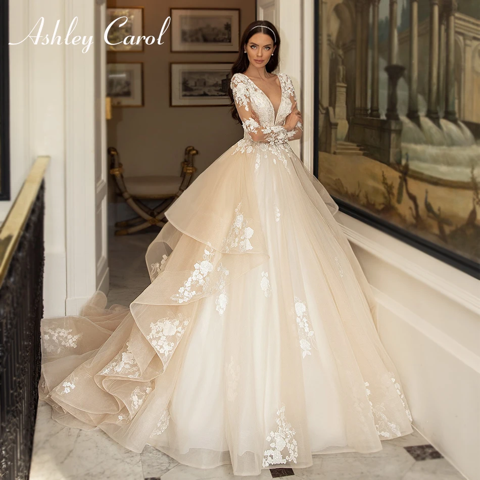 Ashley Carol Luxury Wedding Dresses For Women Glamorous Princess V-Neckline Appliques Wedding Gown Vestidos De Novia