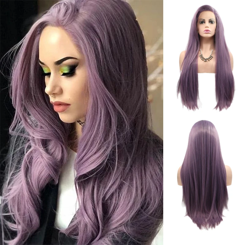 

Long Lilac Purple Synthetic Lace Front Wigs for Women Dark Reddish Purple Wave Synthetic Wig Heat Resistant Replacement Lace Wig