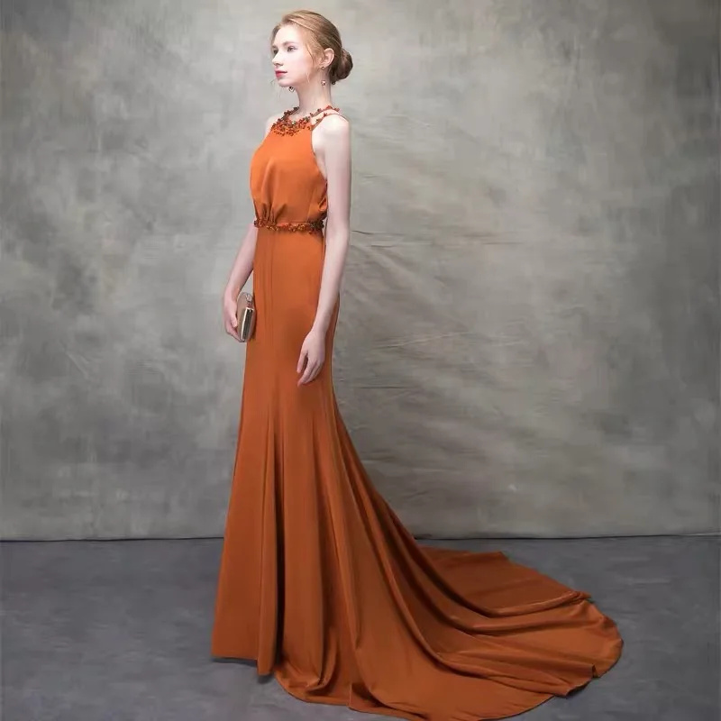 tailor shop evening gown dramatic dress burn orange color dress seamstress shop beading sequins dress custom can make any design