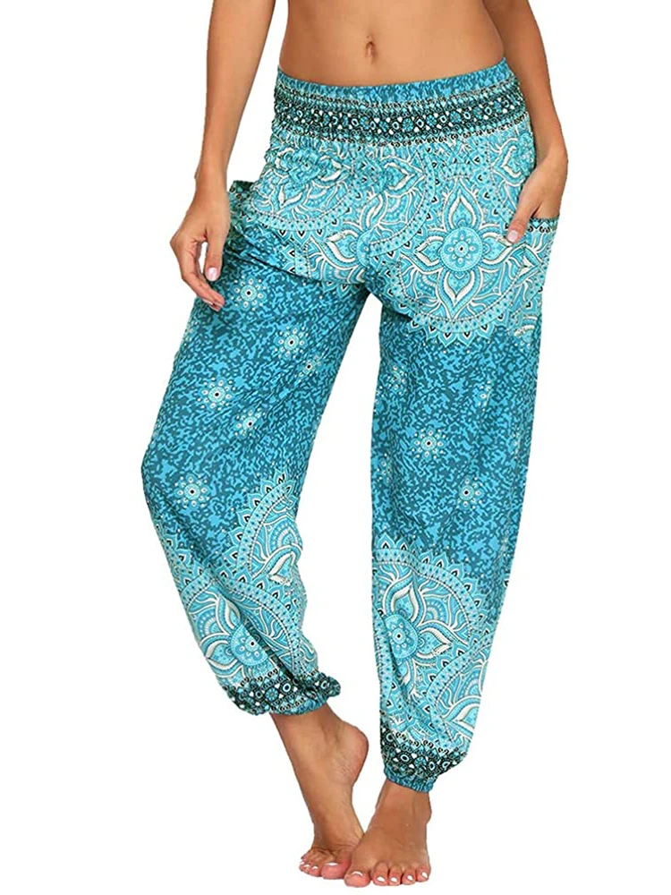 Women's Harem Hippie Yoga Pants Floral Boho Lounge Beach Print Genie Aladdin Pants With Pockets